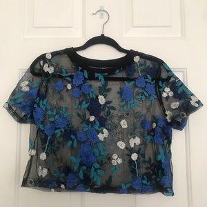 SHEIN Black and Blue Floral Mesh Crop Top